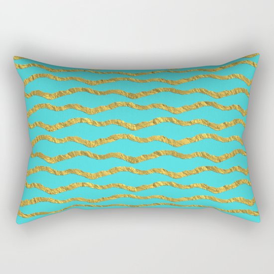 Golden waves - Abstract geometrical pattern on aqua backround Rectangular Pillow