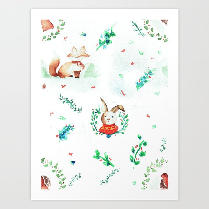 Winter Wonderland – Animals and Garlands  Art Print