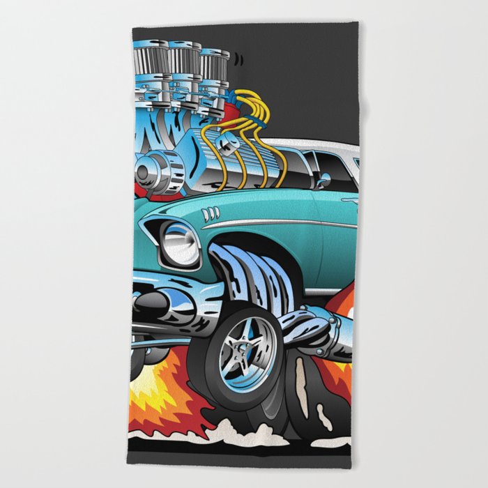 Classic Fifties Hot Rod Muscle Car Cartoon Beach Towel By Hobrath