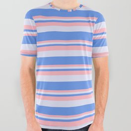 [ Thumbnail: Cornflower Blue, Light Pink & Lavender Colored Stripes Pattern All Over Graphic Tee ]