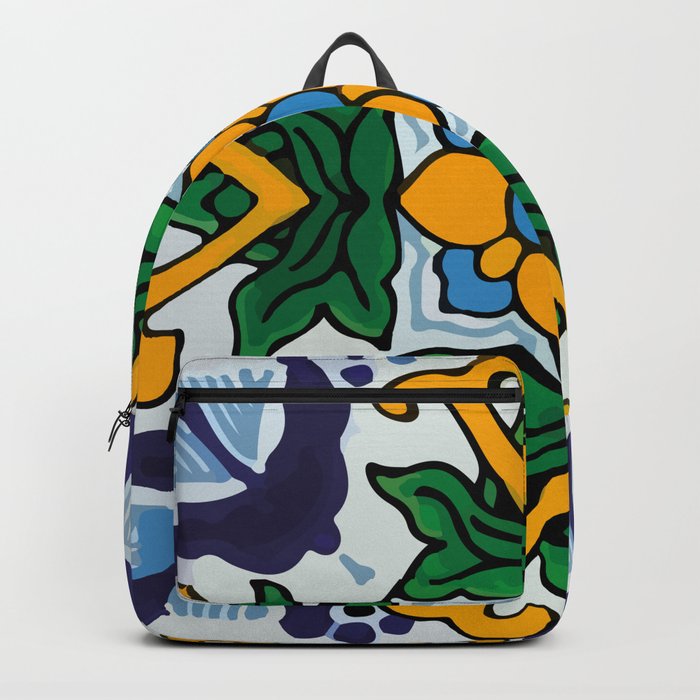Floral baby blue mexican tile retro pattern Backpack