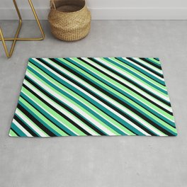 [ Thumbnail: Green, White, Dark Cyan & Black Colored Striped/Lined Pattern Rug ]