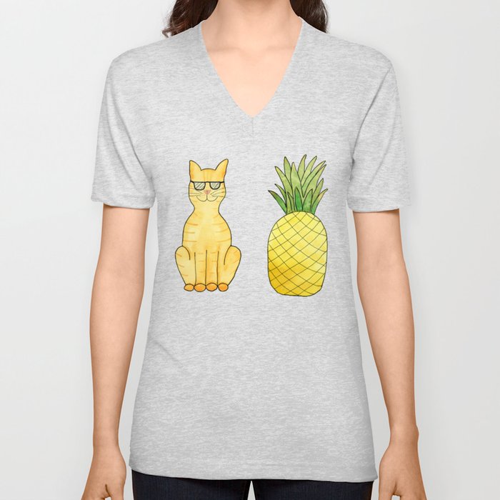 Cool Cat with Pineapple V Neck T Shirt
