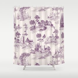 Toile de Jouy French Vintage Pastoral Plum & Cream Stripe Shower Curtain