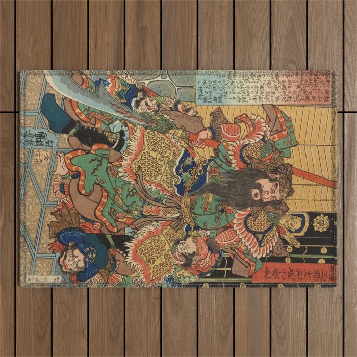 Samurai Fighting Bandits With Naginata - Antique Japanese Ukiyo-e Woodblock Print Art From The Early 1800's. Outdoor Rug