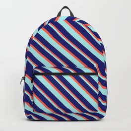 [ Thumbnail: Turquoise, Midnight Blue, and Red Colored Lines Pattern Backpack ]