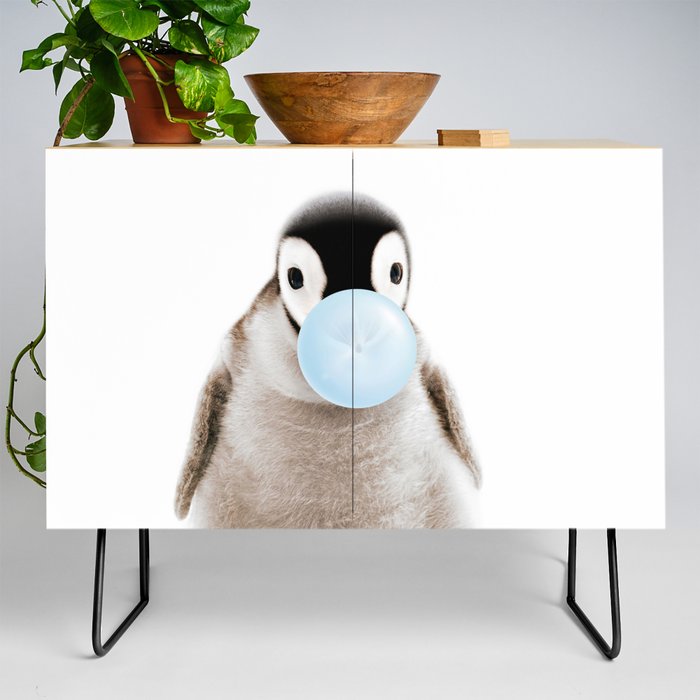 Baby Penguin Blowing Blue Bubble Gum, Baby Boy, Kids Art, Baby Animals Art Print by Synplus Credenza
