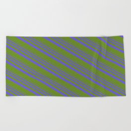 [ Thumbnail: Slate Blue & Green Colored Pattern of Stripes Beach Towel ]