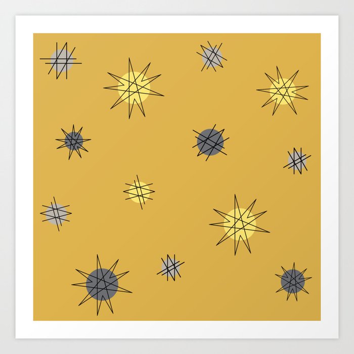 Atomic Age Starburst Planets Ochre Yellow Art Print