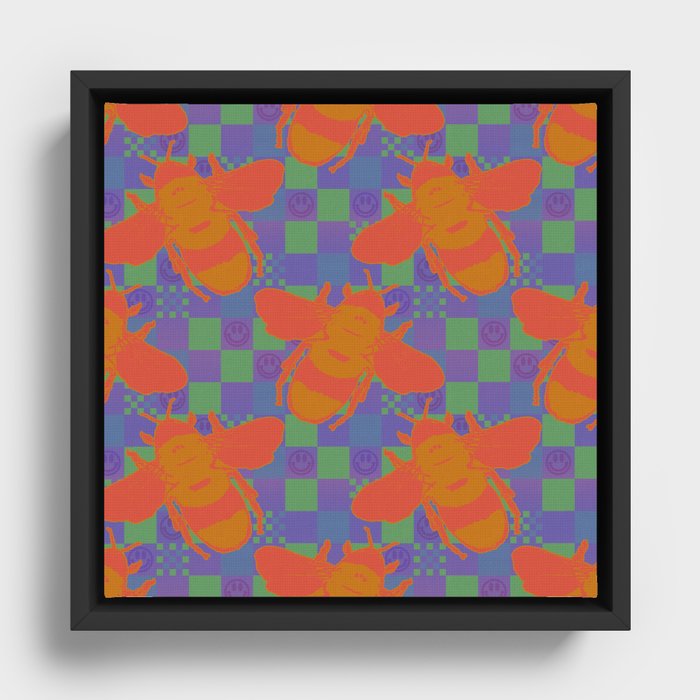 Y2K Bees Checkered Pattern Framed Canvas