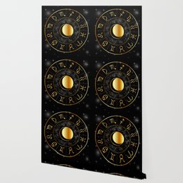 Zodiac astrology wheel Golden astrological signs with moon and stars Wallpaper