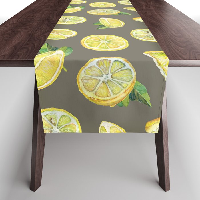 Watercolor seamless pattern on a gray background with lemons Table Runner