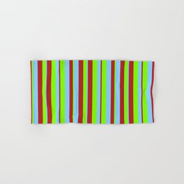 [ Thumbnail: Red, Light Sky Blue, and Chartreuse Colored Lined/Striped Pattern Hand & Bath Towel ]