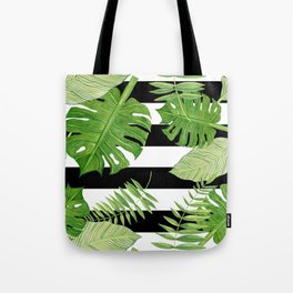 Tropical Leaf Mix III Tote Bag | Digital, Watercolor, Graphicdesign, Fernleaf, Striped, Stripes, Tropicalleaves, Black And White, Pattern, Palmleaf 