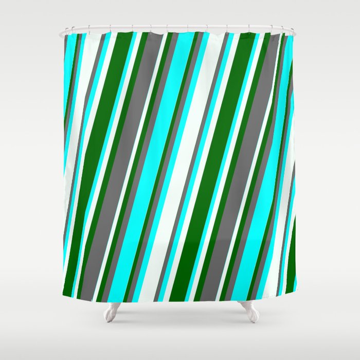 Dim Grey, Cyan, Mint Cream & Dark Green Colored Stripes Pattern Shower Curtain