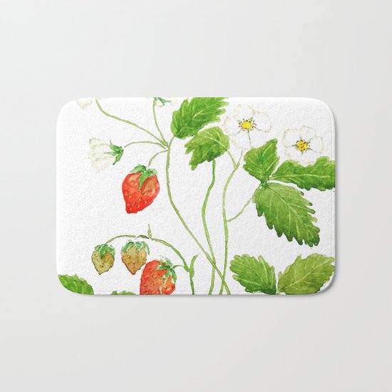strawberry and strawberry flowers watercolor painting Bath Mat