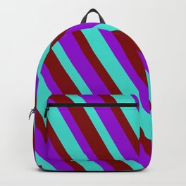 [ Thumbnail: Dark Violet, Turquoise & Maroon Colored Lines/Stripes Pattern Backpack ]