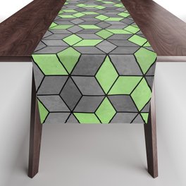 Pastel Mint Green Geometric 3D Concrete Textured Cubes Hexagon Pattern Table Runner