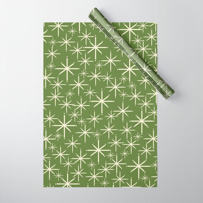 Atomic Age Starbursts - Mid Century Modern Pattern in Cream and Retro Christmas Green Wrapping Paper
