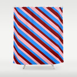 [ Thumbnail: Light Pink, Blue & Maroon Colored Stripes Pattern Shower Curtain ]