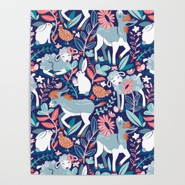 Spring Joy // navy blue background pale blue lambs and donkeys coral and teal garden Poster