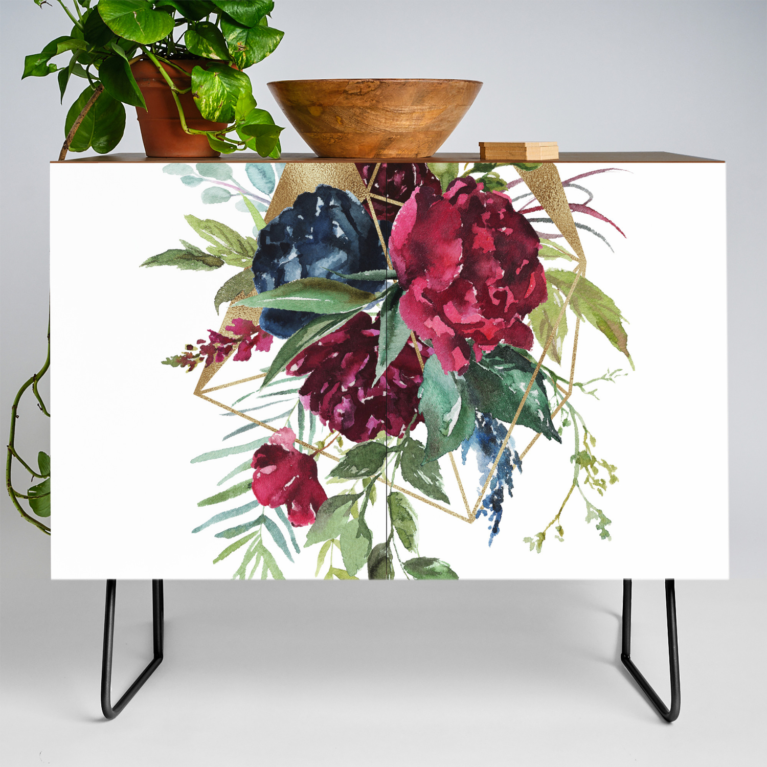 Watercolors Rustic Flowers Bouquet Geometric Accent Credenza By Artonwear Society6