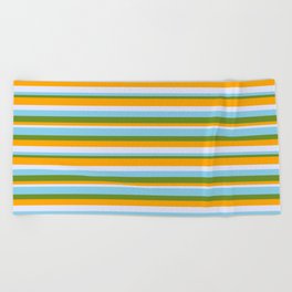 [ Thumbnail: Sky Blue, Green, Orange, and Lavender Colored Lines Pattern Beach Towel ]