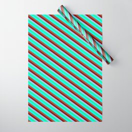 [ Thumbnail: Colorful Sienna, Dark Red, Light Sky Blue, Green, and Aqua Colored Lined/Striped Pattern Wrapping Paper ]