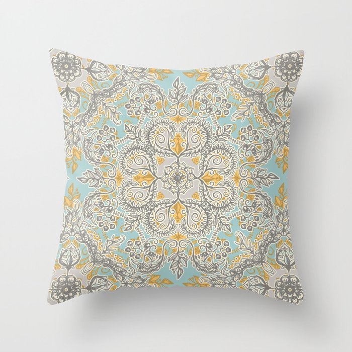 Gypsy Floral in Soft Neutrals, Grey & Yellow on Sage Throw Pillow