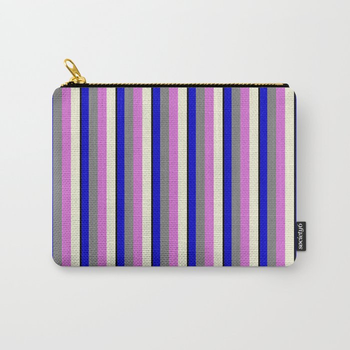 Vibrant Black, Blue, Grey, Orchid, and Beige Colored Striped/Lined Pattern Carry-All Pouch