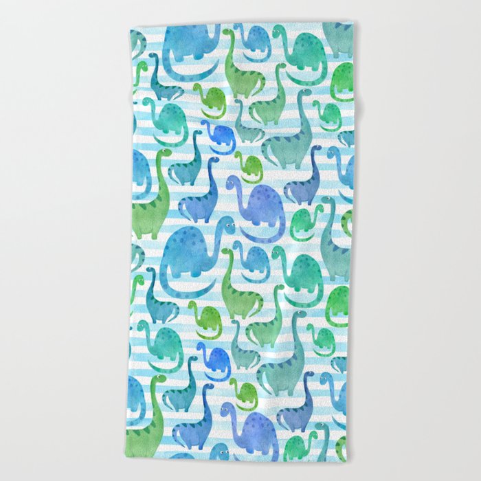 Watercolor Dinosaur Stripe Blue Beach Towel