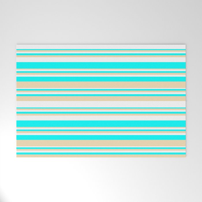 White, Aqua & Tan Colored Striped/Lined Pattern Welcome Mat