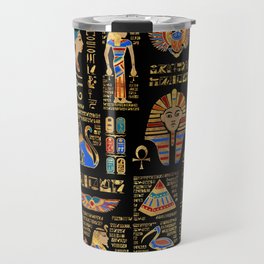 Egyptian hieroglyphs and deities on black Travel Mug