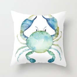 Crab watercolor coastal nautical beach art teal green Throw Pillow