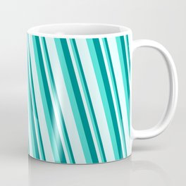 [ Thumbnail: Teal, Turquoise, and Light Cyan Colored Stripes Pattern Coffee Mug ]