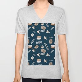 Blue pattern with cute, funny happy dogs. Paw prints, woof with hearts text and pets. V Neck T Shirt