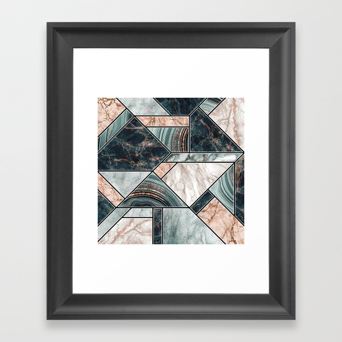 Art Deco Teal + Rose Gold Abstract Marble Geometry Framed Art Print