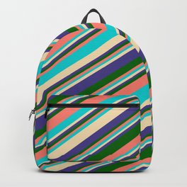 [ Thumbnail: Colorful Salmon, Dark Turquoise, Tan, Dark Slate Blue & Dark Green Colored Lines/Stripes Pattern Backpack ]
