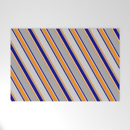[ Thumbnail: Dark Grey, Dark Blue, Light Gray & Dark Orange Colored Lines/Stripes Pattern Welcome Mat ]