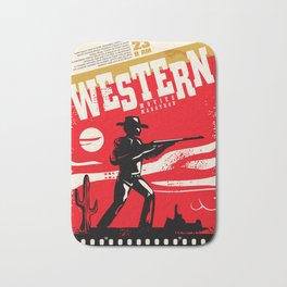 Western movies marathon retro poster design layout. Cinema festival. Vintage film poster with cowboy and wild west landscape.  Bath Mat | Bandit, Landscape, Gunman, 1960S, Vintage, Poster, Art, Cowboy, Film, Desert 