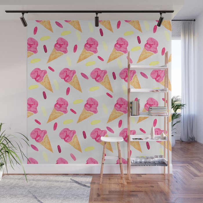 Ice Cream Cone and Sprinkles-Watercolor Pattern Wall Mural