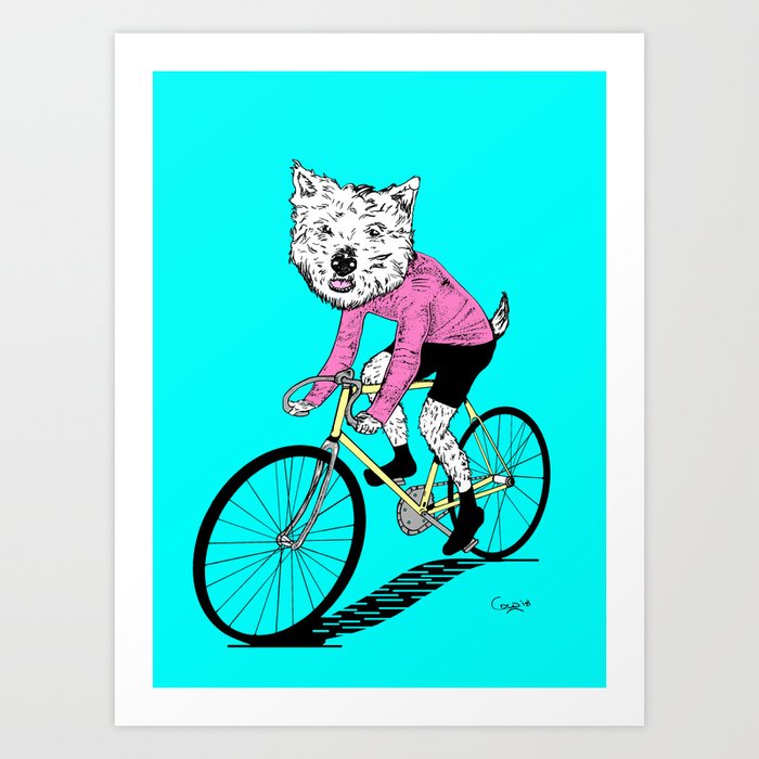 Westie on a Fixie baby blue Art Print by CVVO Society6