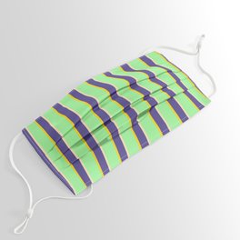 [ Thumbnail: Green, Yellow, Dark Slate Blue & Beige Colored Stripes/Lines Pattern Face Mask ]