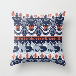 Fair isle knitting grey wolf // navy blue and grey wolves orange moons and pine trees Throw Pillow