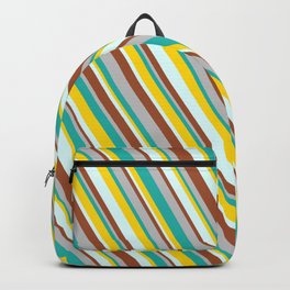 [ Thumbnail: Colorful Grey, Light Sea Green, Yellow, Light Cyan & Sienna Colored Pattern of Stripes Backpack ]