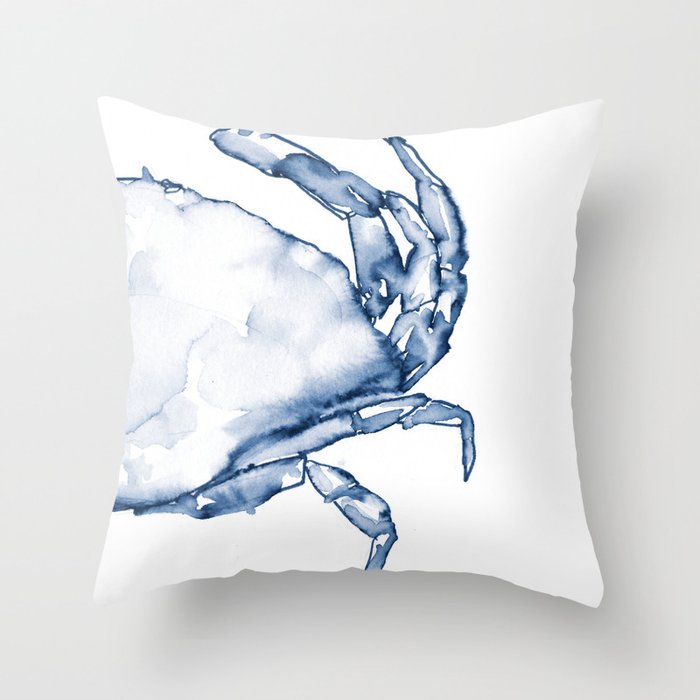 Coastal Crab in Watercolor, Navy Blue (Right Half in Set) Throw Pillow