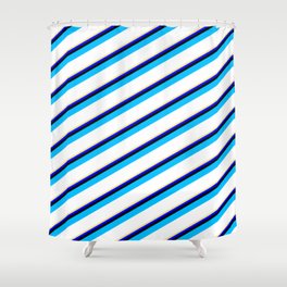 [ Thumbnail: Vibrant Tan, Blue, Black, Deep Sky Blue, and White Colored Striped/Lined Pattern Shower Curtain ]