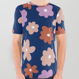 Retro Flowers Lilac, Burnt Orange, Light Pink with Dark Blue Background All Over Graphic Tee