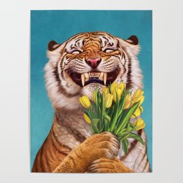 Smiling (shy) Tiger - holding bouquet (tulip) Poster