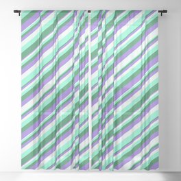 [ Thumbnail: Purple, Mint Cream, Aquamarine & Sea Green Colored Striped Pattern Sheer Curtain ]